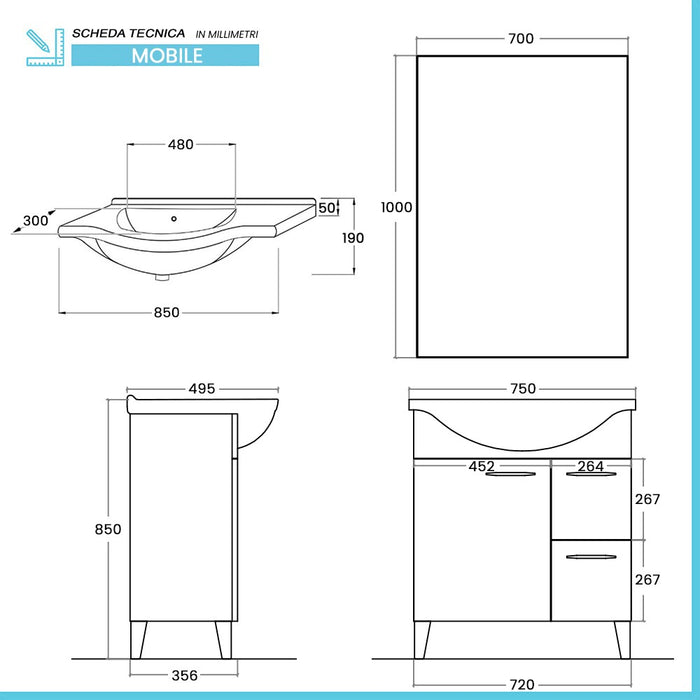 Mobile bagno a terra 75 cm grigio calce con lavabo e specchio Moon