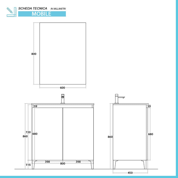 Mobile bagno a terra 80 cm rovere africa con 2 ante soft-close Kleo