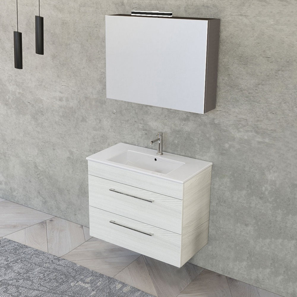 Mobile bagno sospeso 80 cm Smart bianco legno con specchio contenitore