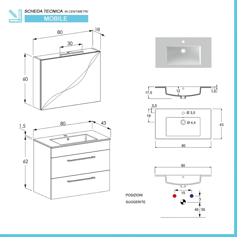 Mobile bagno sospeso 80 cm Smart bianco legno con specchio contenitore