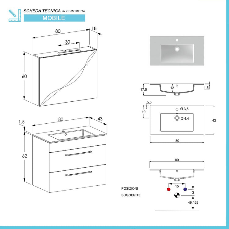 Mobile bagno sospeso 80 cm Smart bianco legno con specchio contenitore