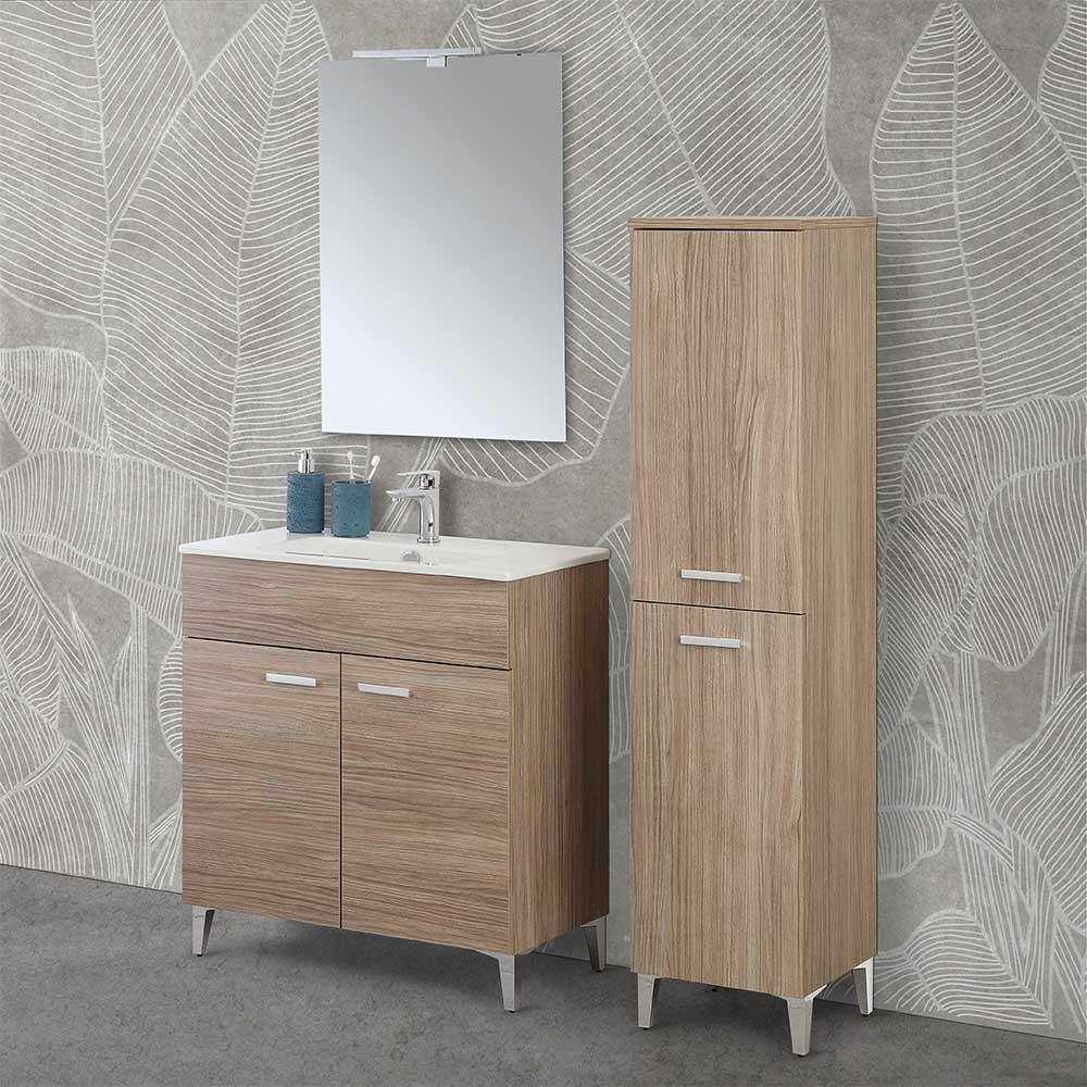 Mobile bagno a terra 80 rovere tropea con lavabo più specchio LED Martha