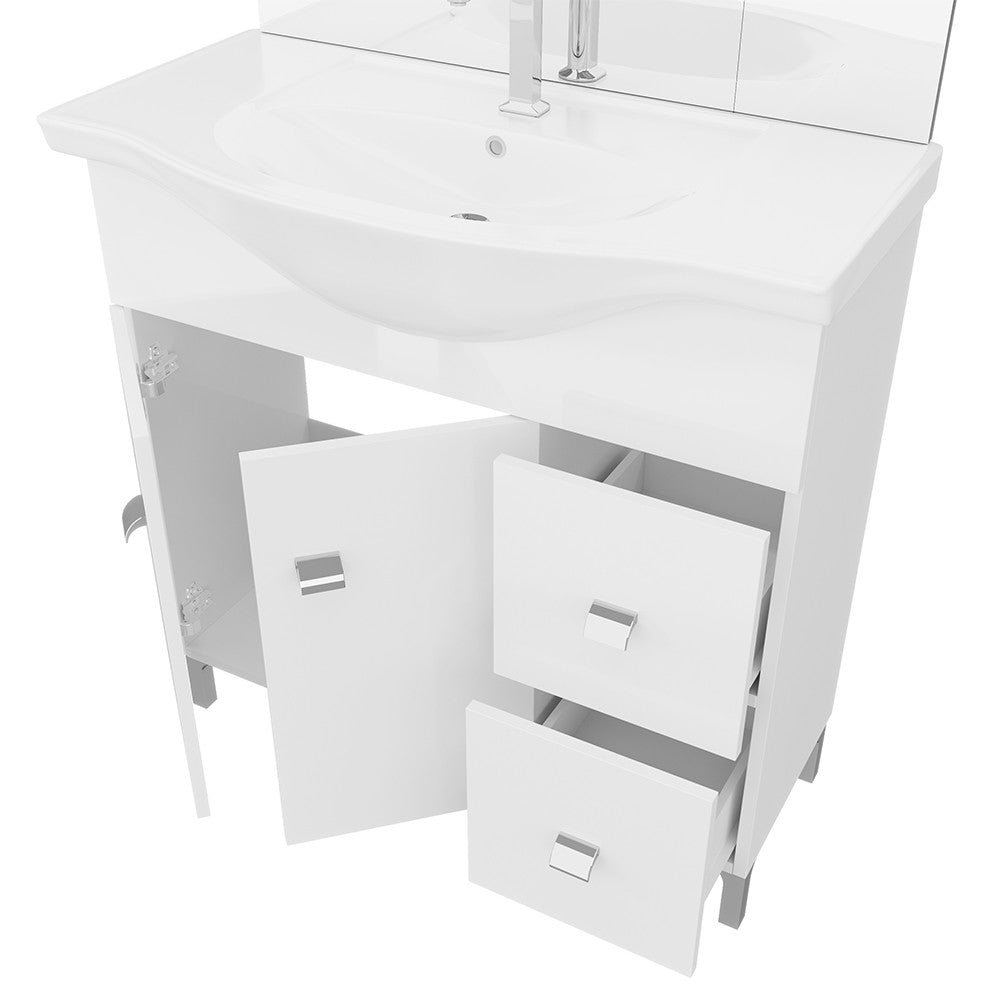 Mobile bagno a terra 85 cm Creta bianco lucido con lavabo e specchio con pensile