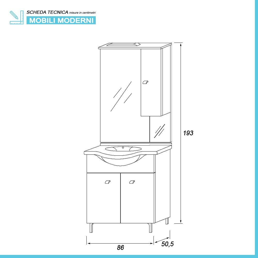 Mobile bagno a terra 85 cm Creta bianco lucido con lavabo e specchio con pensile