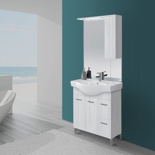 Mobile Bagno in Legno Grigio L. 82.5 cm 2 Ante,  2 Cassetti e Specchiera con Pensile e Luci