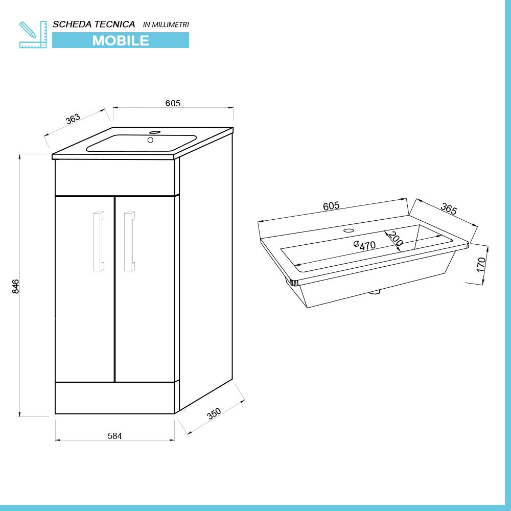 Mobile bagno da terra 60 cm salvaspazio bianco 2 ante Poket