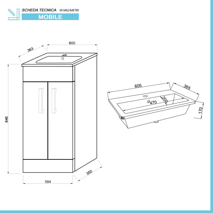 Mobile bagno da terra 60 cm salvaspazio grigio 2 ante Poket