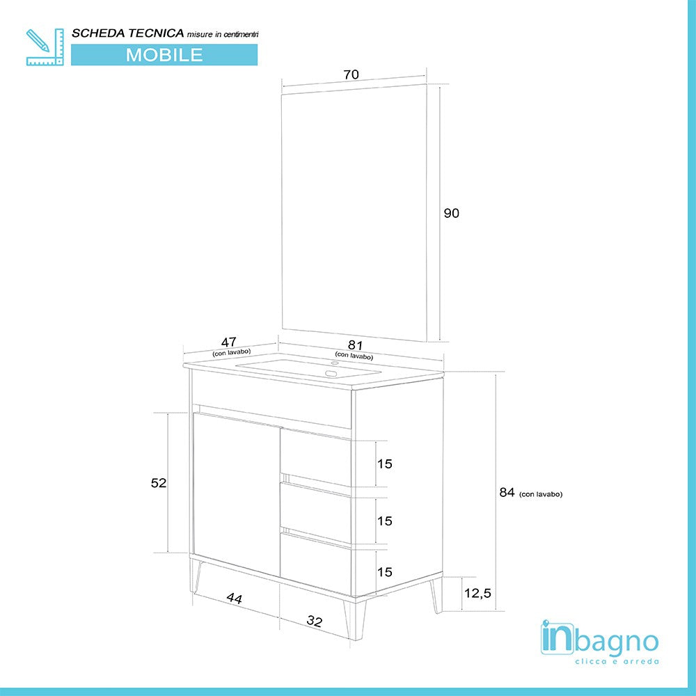 Mobile bagno da terra 80 cm linea Way rovere chiaro con specchio e lavabo