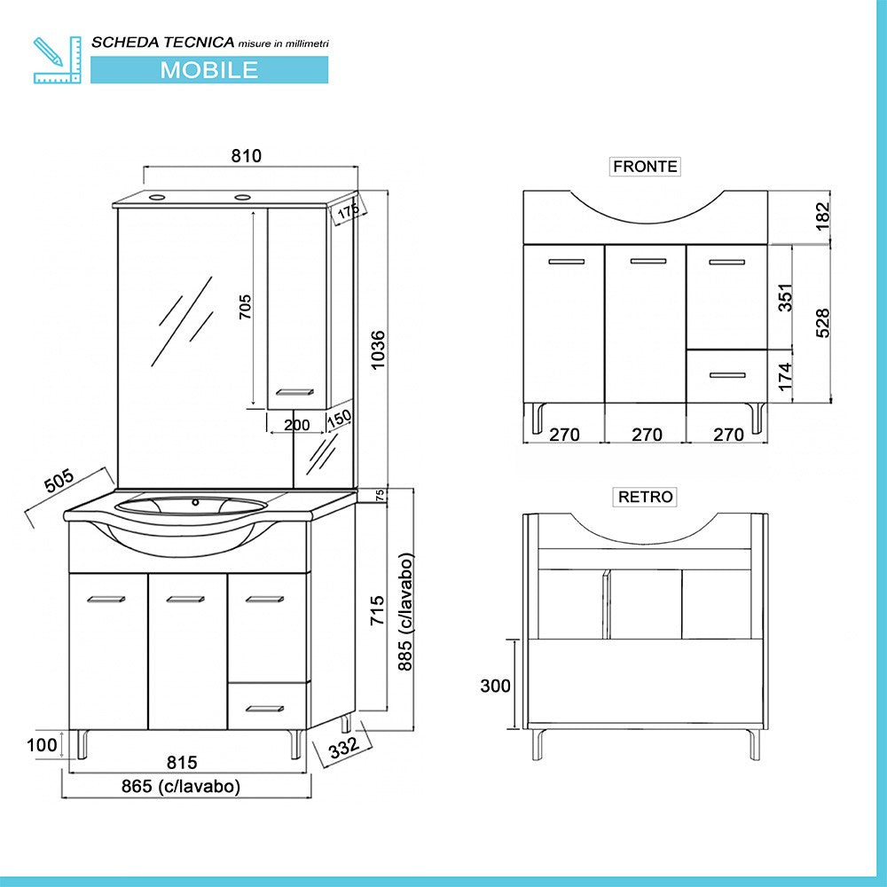 Mobile Bagno da terra 85 cm rovere bianco + specchio con pensile e luce LED