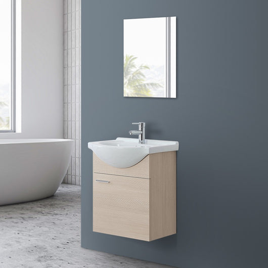 Mobiletto bagno sospeso 56x45 cm 1 anta larice con lavabo e specchio inclusi