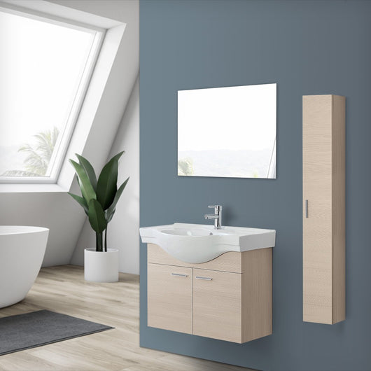 Mobile bagno sospeso 81 cm larice con 2 ante completo di ceramica e specchio