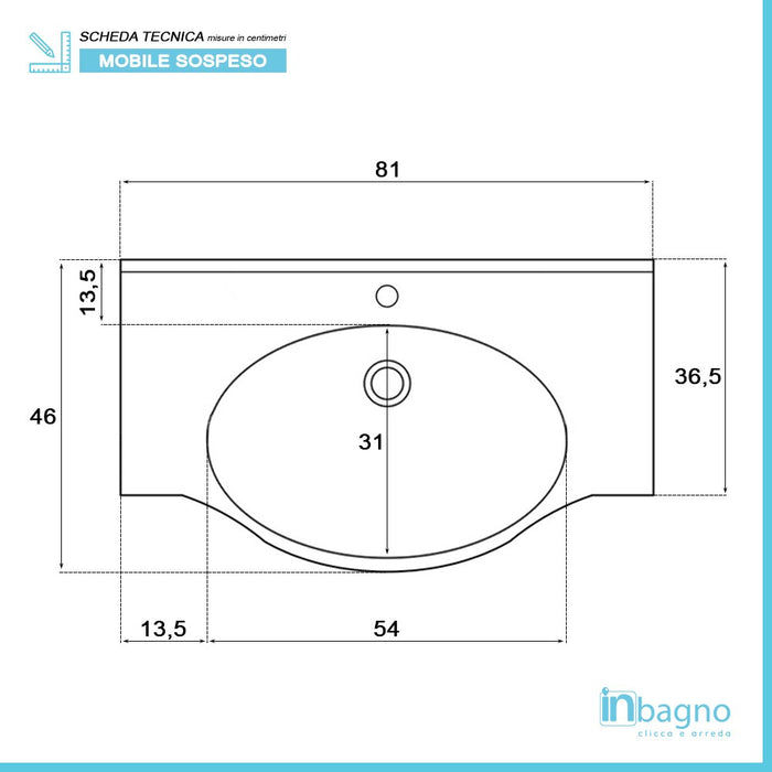 Mobile bagno sospeso 81 cm larice con 2 ante completo di ceramica e specchio