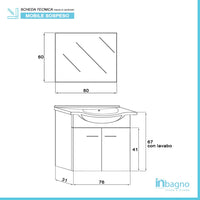 Mobile bagno sospeso 81 cm larice con 2 ante completo di ceramica e specchio