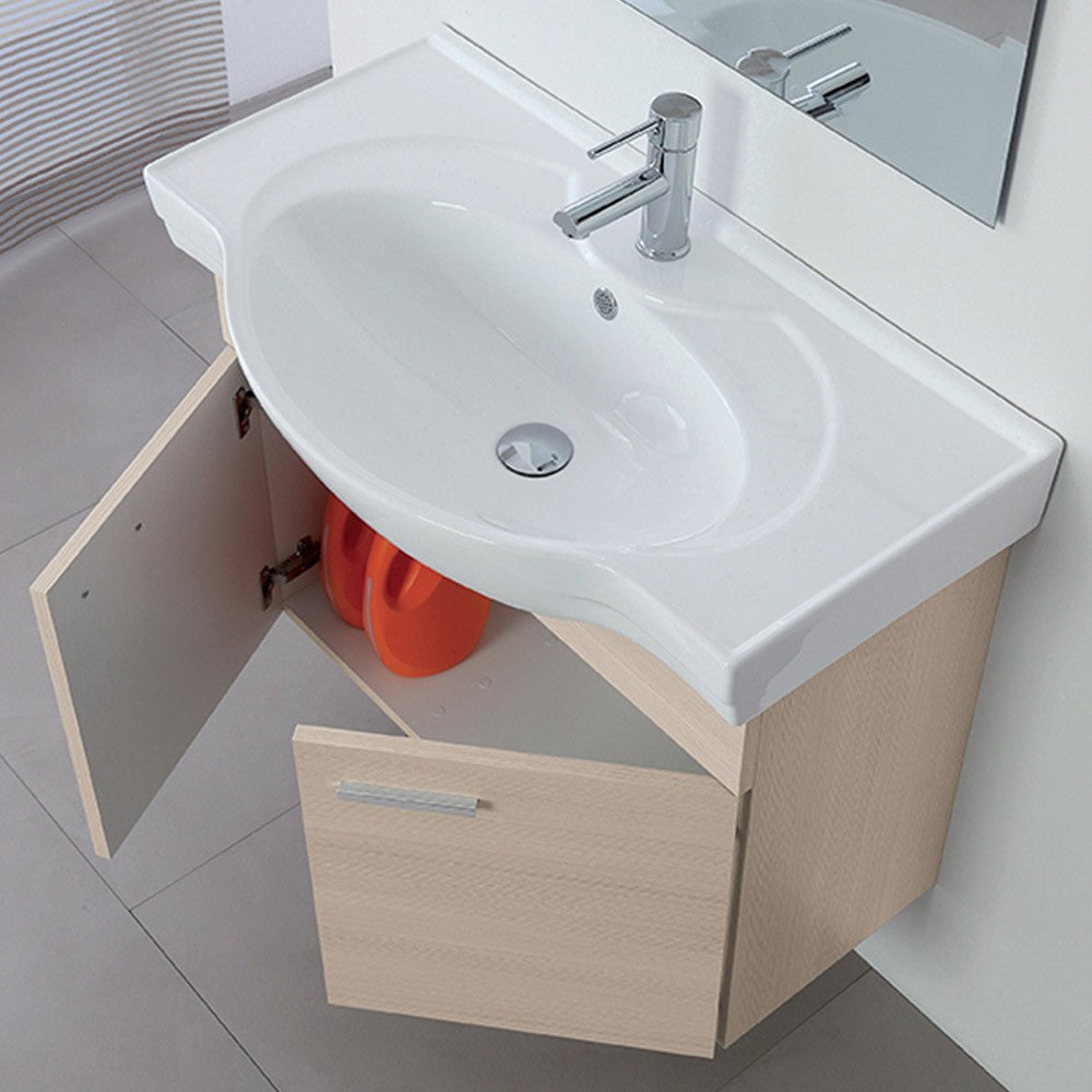 Mobile bagno sospeso 81 cm larice con 2 ante completo di ceramica e specchio