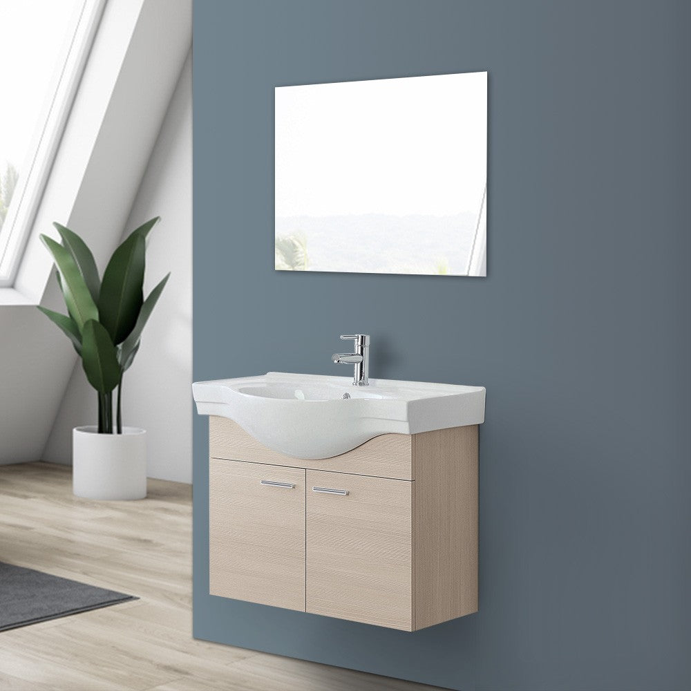 Mobile bagno sospeso 81 cm larice con 2 ante completo di ceramica e specchio