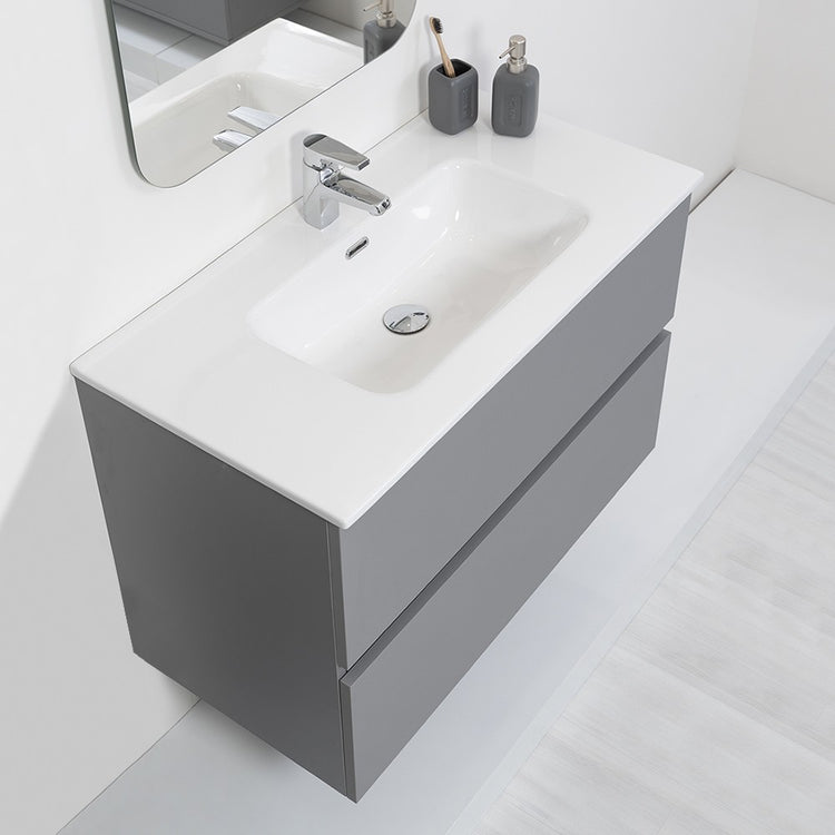 Mobile Bagno Moderno Sospeso 90x47 Grigio Pastello con Specchio