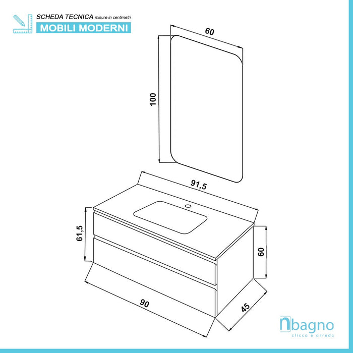 Mobile Bagno Moderno Sospeso 90x47 Grigio Pastello con Specchio