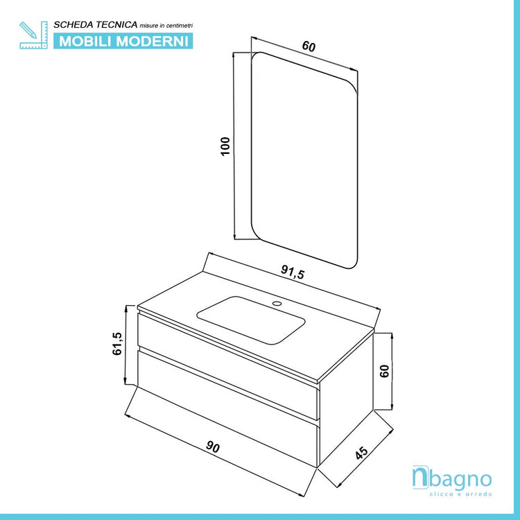 Mobile Bagno Moderno Sospeso 90x47 Grigio Pastello con Specchio