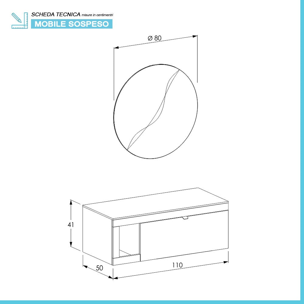 Mobile bagno portalavabo sospeso 110 cm grigio lava con specchio Maya