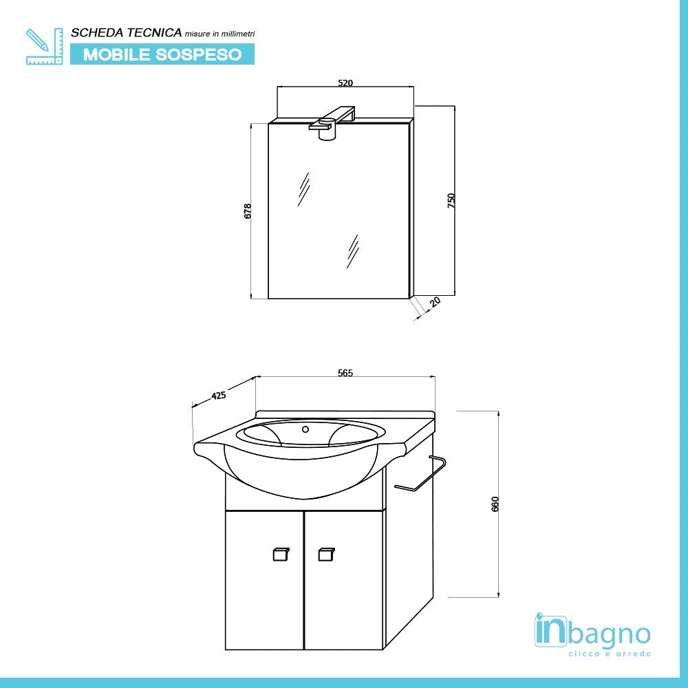 Mobiletto da bagno sospeso 55 cm rovere bianco con lavabo e specchio incluso