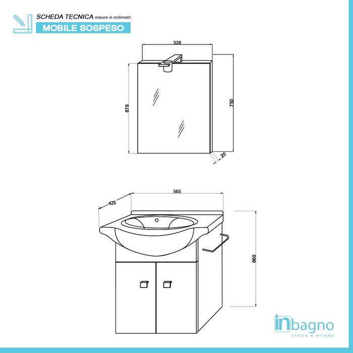 Mobiletto da bagno sospeso 55 cm rovere bianco con lavabo e specchio incluso