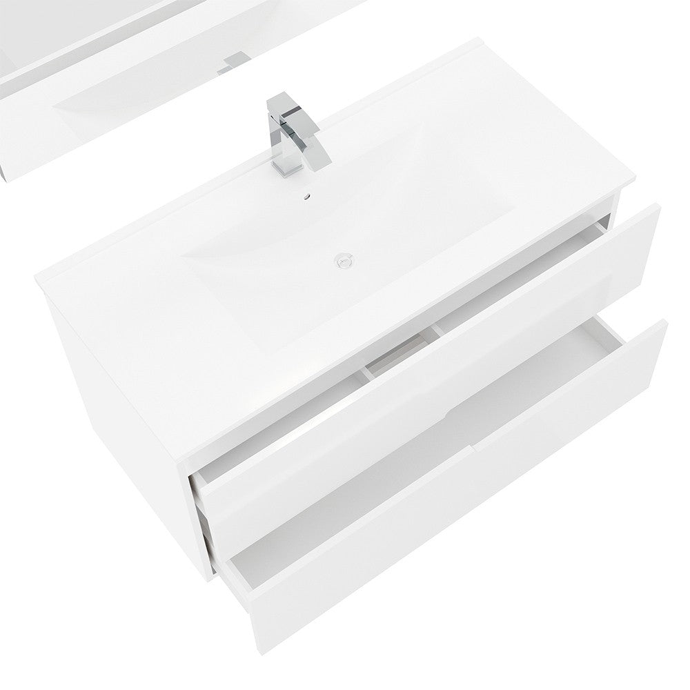 Mobile bagno sospeso 100 bianco lucido con lavabo e specchio LED Eva