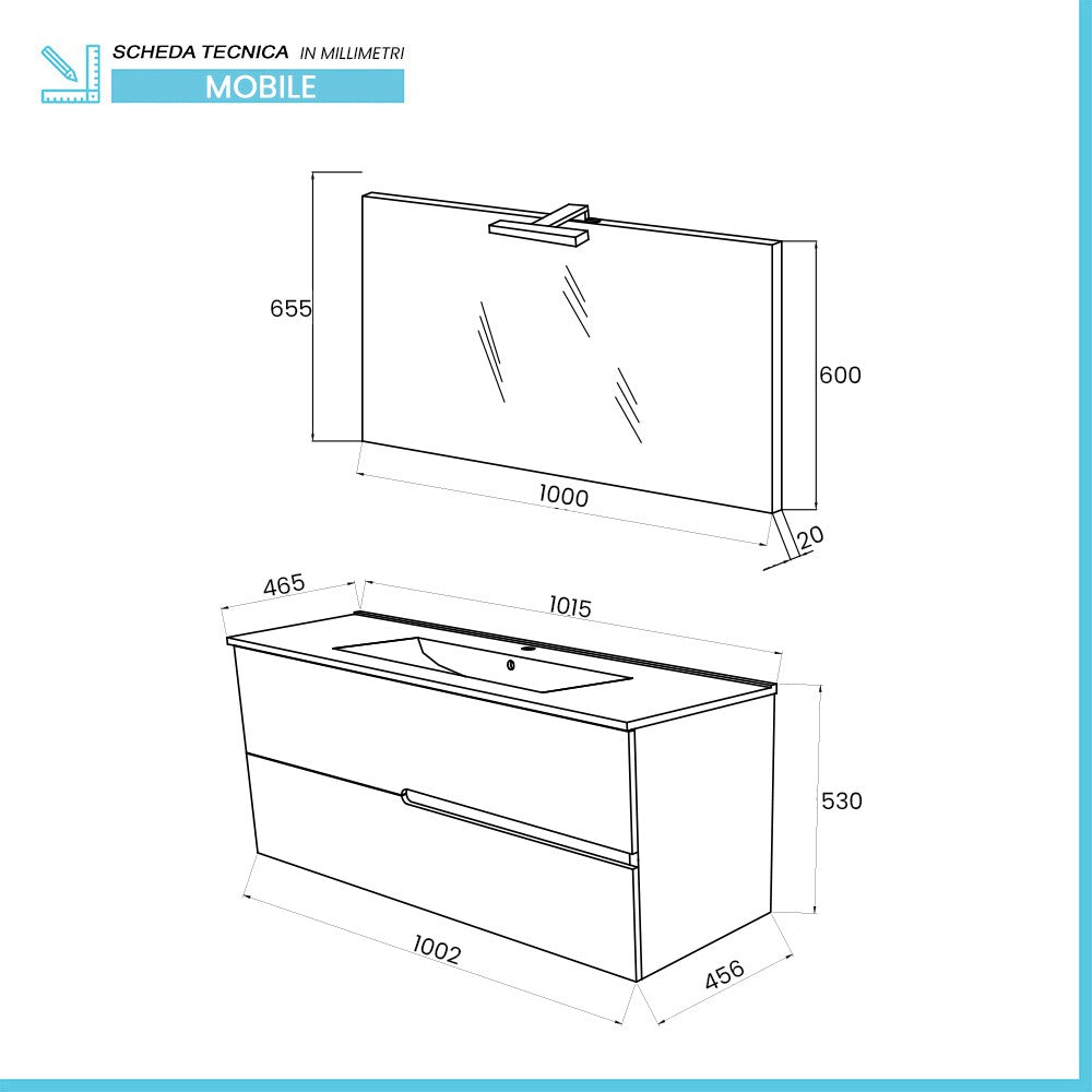 Mobile bagno sospeso 100 bianco lucido con lavabo e specchio LED Eva