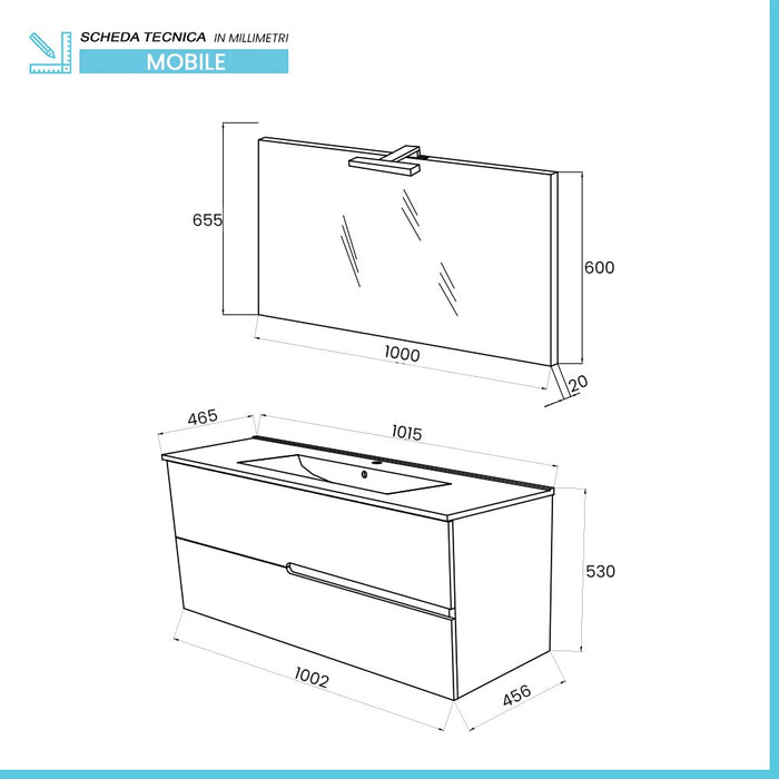 Mobile bagno sospeso 100 bianco lucido con lavabo e specchio LED Eva