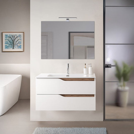 Mobile bagno sospeso 100 cm bianco e quercia con top e specchio Sumya