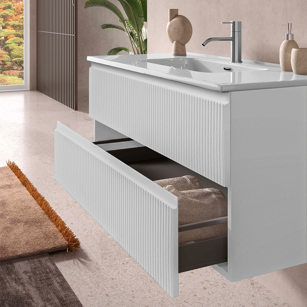 Mobile bagno sospeso 100 cm bianco opaco con frontale cannettato Giava