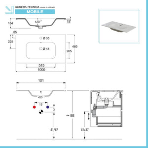 Mobile bagno sospeso 100 cm bianco opaco con frontale cannettato Giava