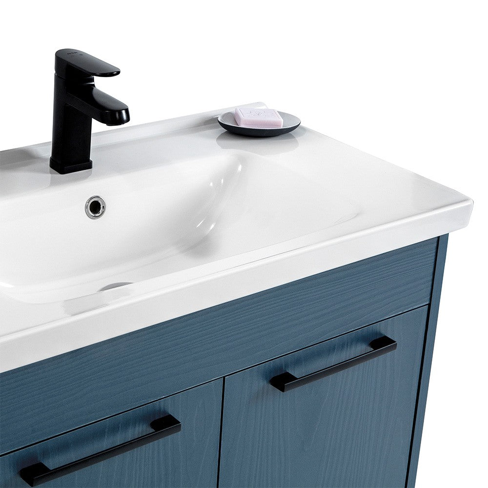 Mobile bagno sospeso 100 cm blu effetto legno con armadietto a specchio Sofia