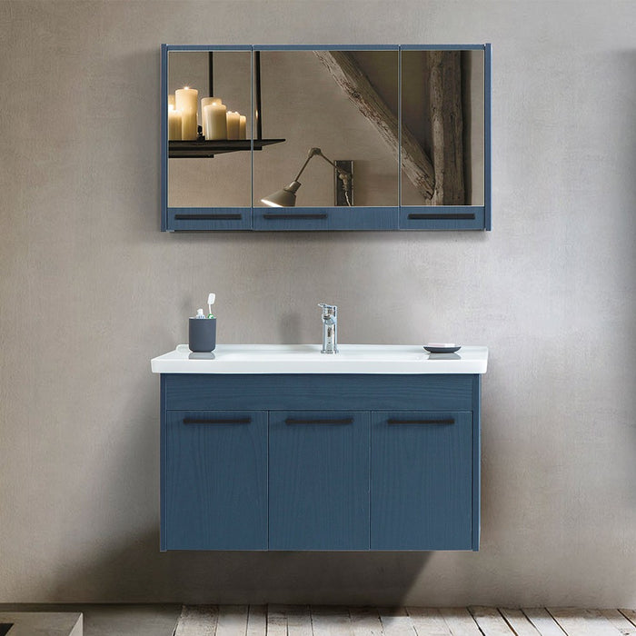 Mobile bagno sospeso 100 cm blu effetto legno con armadietto a specchio Sofia