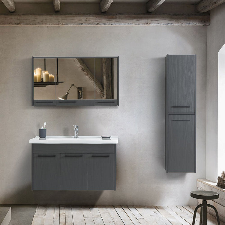 Mobile bagno sospeso 100 cm grigio effetto legno con armadietto a specchio Sofia