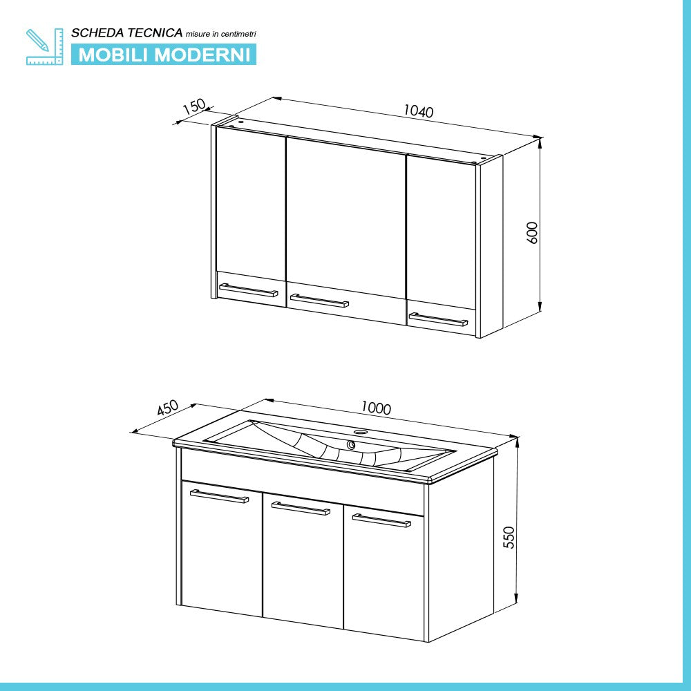 Mobile bagno sospeso 100 cm grigio effetto legno con armadietto a specchio Sofia