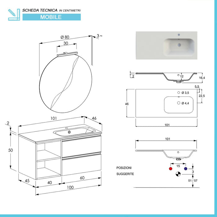 Mobile bagno sospeso 100 cm Master rovere con lavabo e specchio