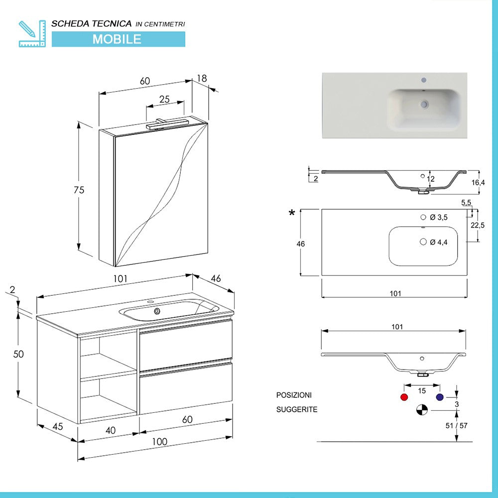 Mobile bagno sospeso 100 cm Master colore bianco con lavabo e specchio