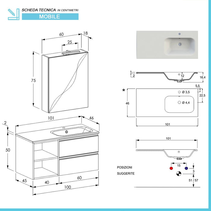 Mobile bagno sospeso 100 cm Master colore bianco con lavabo e specchio