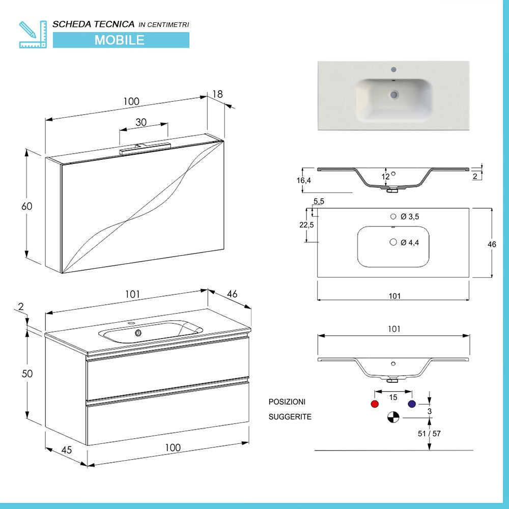 Mobile bagno sospeso 100 cm Master grigio cemento con specchio contenitore