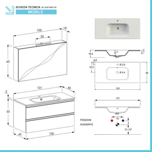 Mobile bagno sospeso 100 cm Master grigio cemento con specchio contenitore