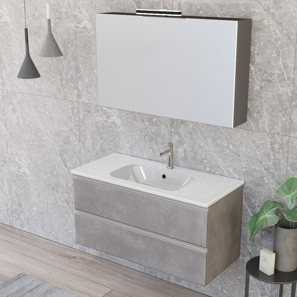 Mobile bagno sospeso 100 cm Master grigio cemento con specchio contenitore