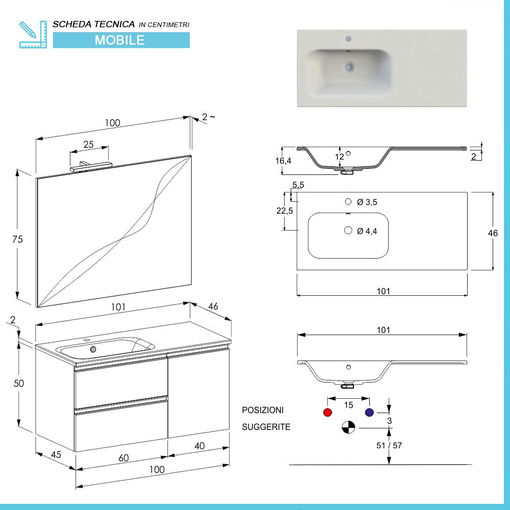 Mobile bagno sospeso 100 cm Master grigio con lavabo e specchio