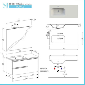 Mobile bagno sospeso 100 cm Master grigio con lavabo e specchio