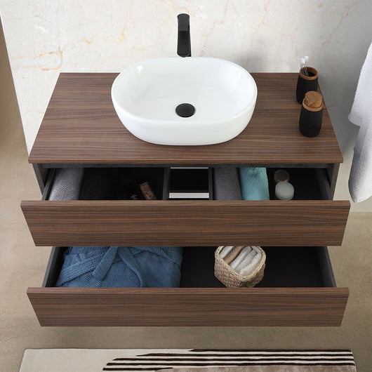 Mobile bagno sospeso 100 cm ossido e noce con top lavabo e specchio Kleo