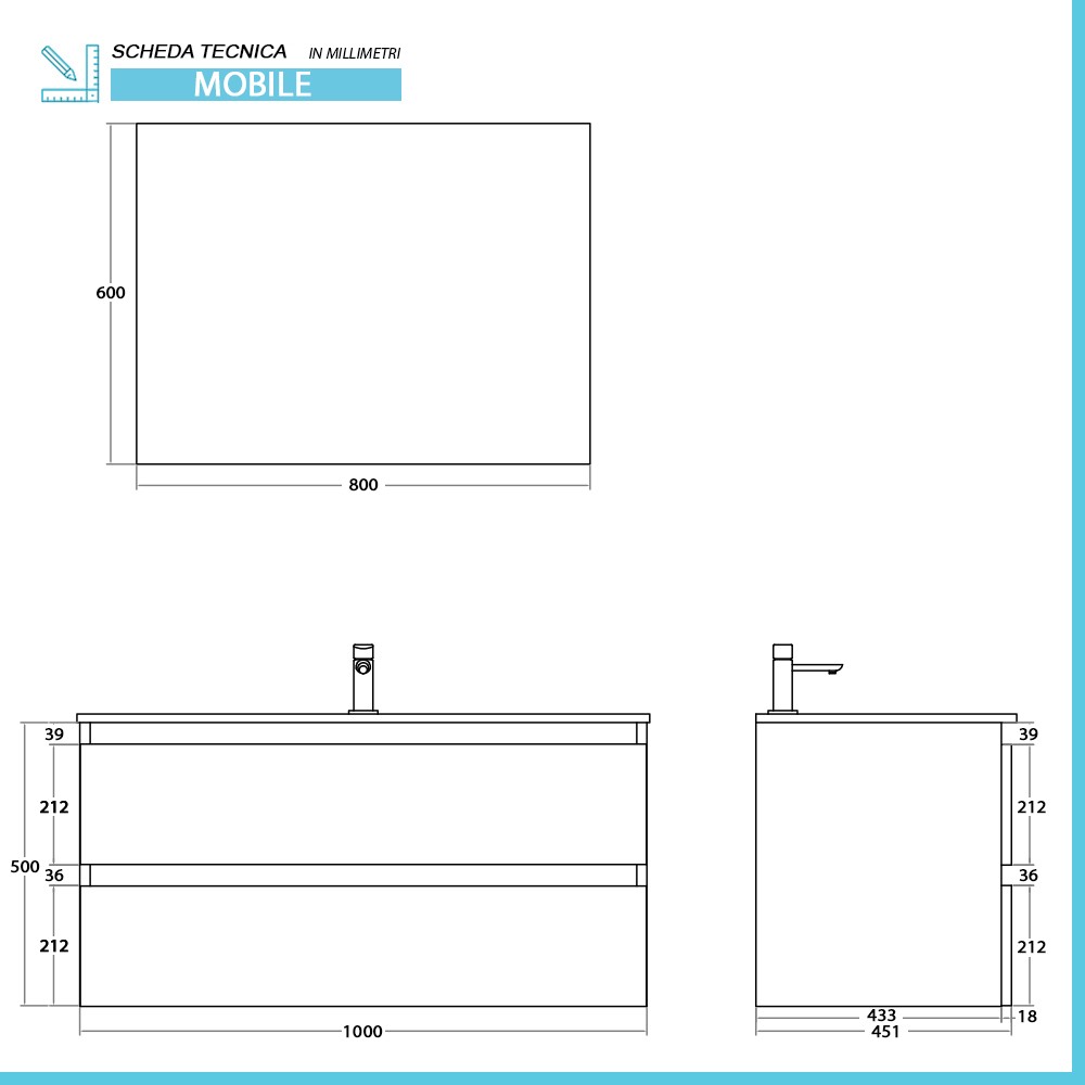 Mobile bagno sospeso 100 cm ossido e rovere con cassetti soft-close Kleo