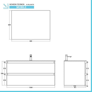 Mobile bagno sospeso 100 cm ossido e rovere con cassetti soft-close Kleo