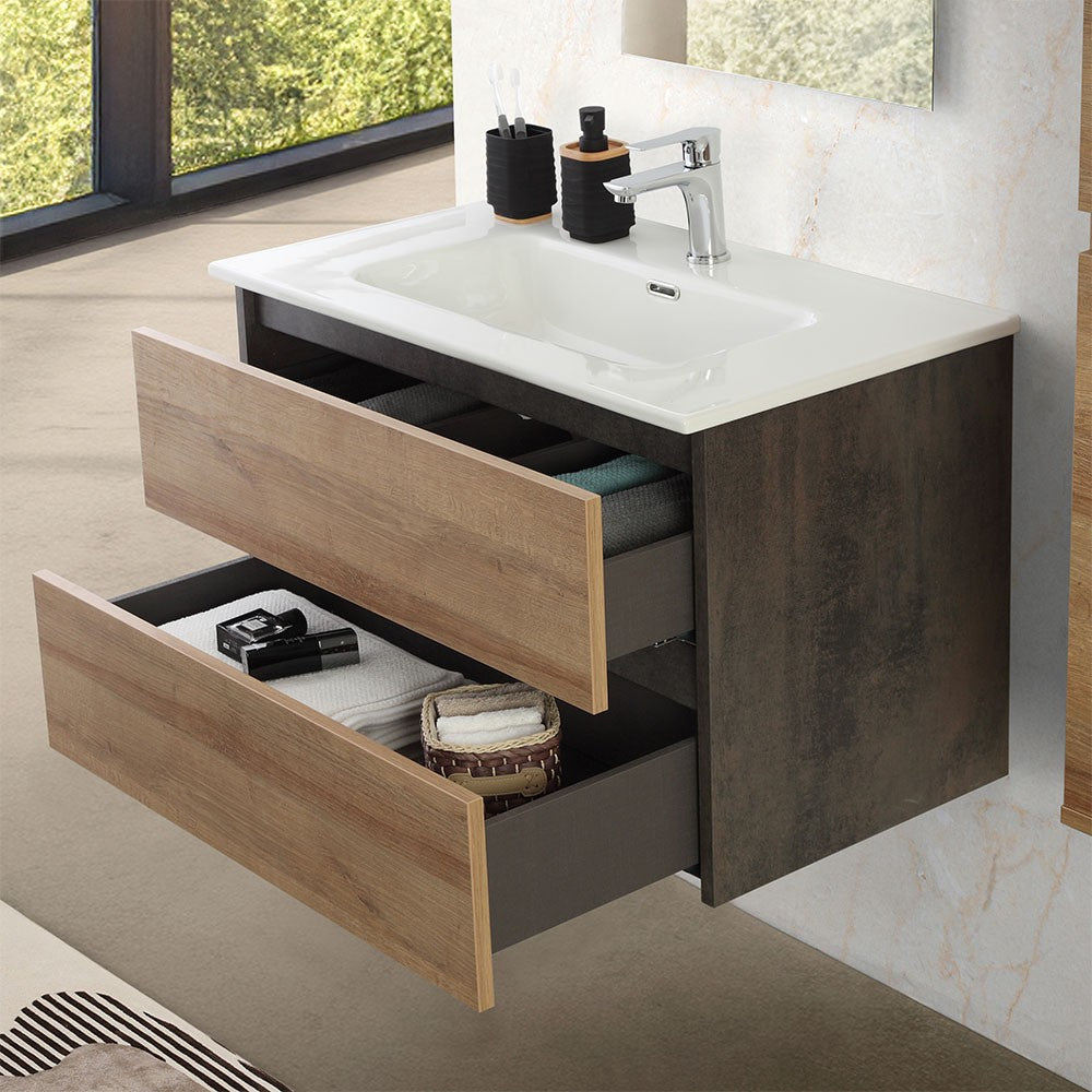 Mobile bagno sospeso 100 cm ossido e rovere con cassetti soft-close Kleo