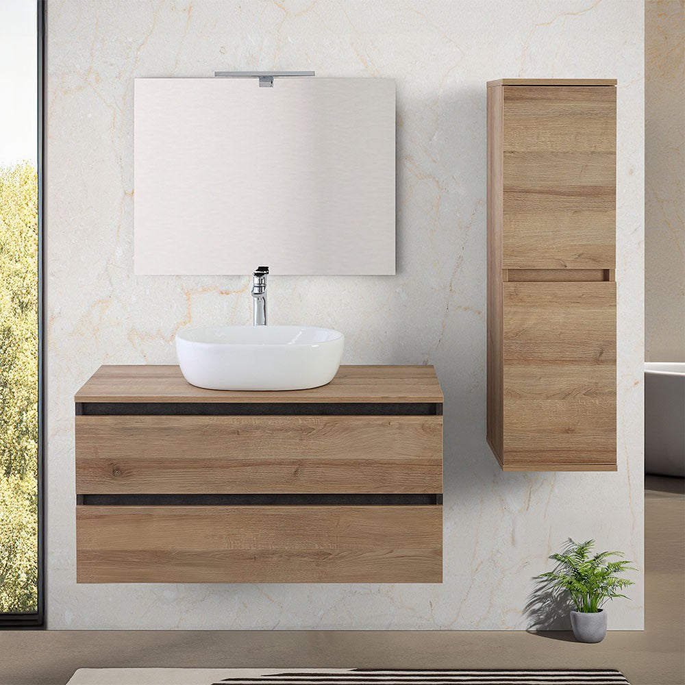 Mobile bagno sospeso 100 cm ossido e rovere con top lavabo e specchio Kleo