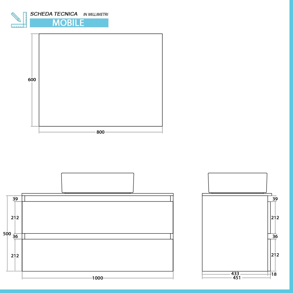 Mobile bagno sospeso 100 cm ossido e rovere con top lavabo e specchio Kleo