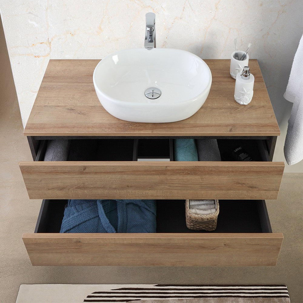 Mobile bagno sospeso 100 cm ossido e rovere con top lavabo e specchio Kleo